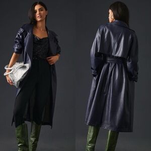 Avec Les Filles Faux Leather Navy Trench Coat